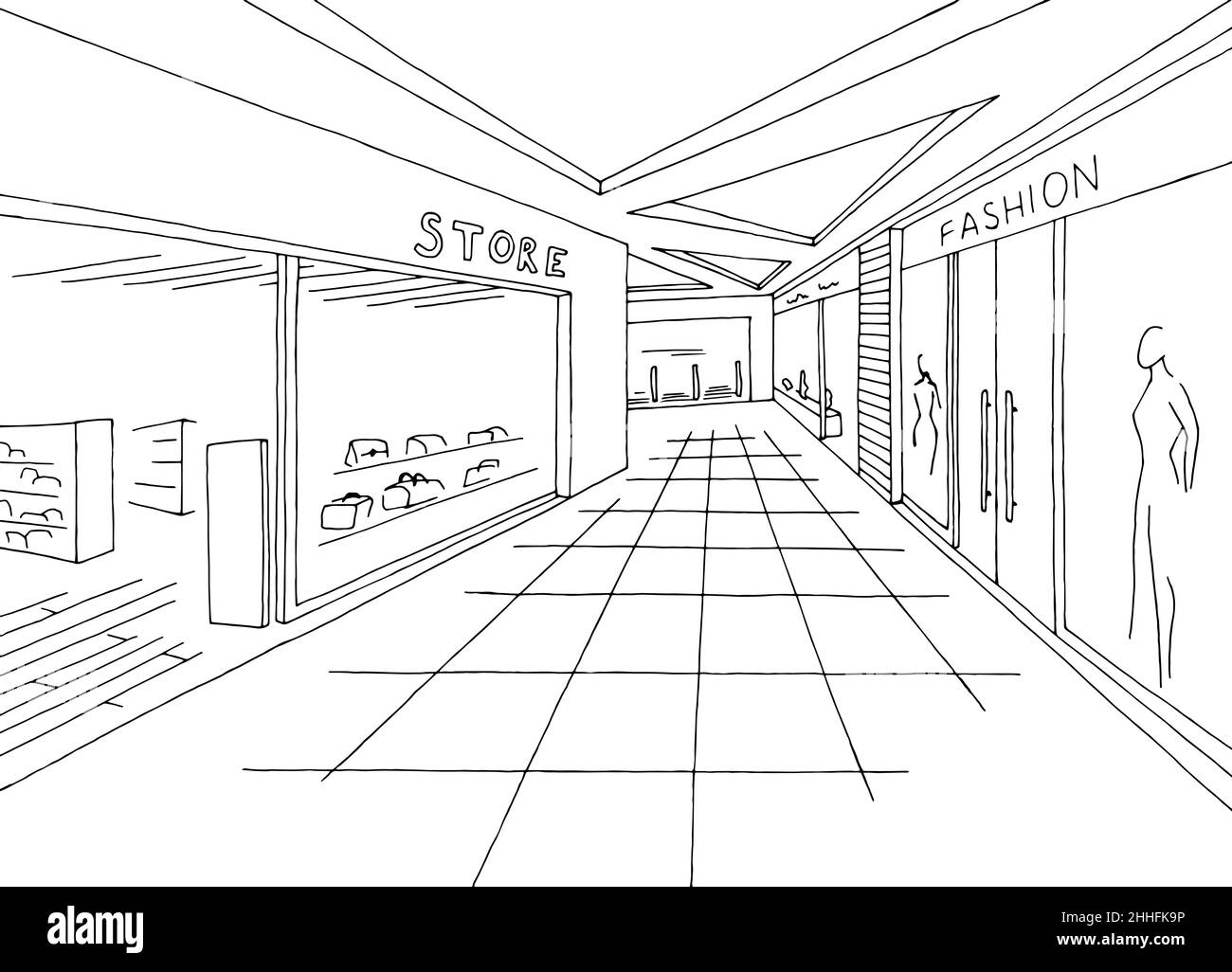 Illustration vectorielle d'un dessin d'intérieur noir blanc graphique de centre commercial Illustration de Vecteur