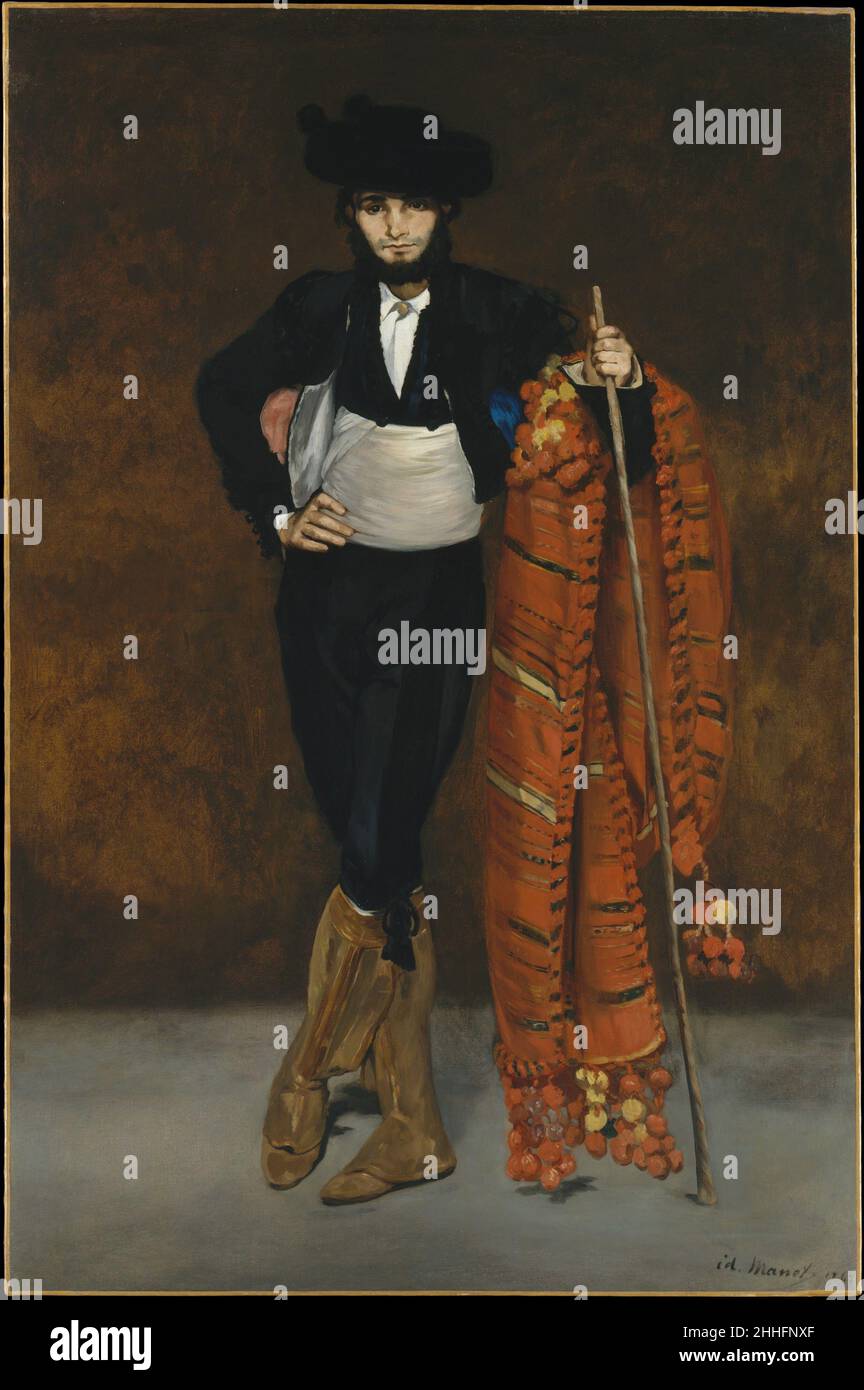 Jeune homme dans le costume d'un Majo 1863 Edouard Manet Français pour cette image d'un des jeunes Espagnols en conflit connu sous le nom de majos,Le jeune frère de Manet Gustave a fait don du même pantalon et de la même veste boléro que le modèle Victorine Meurent dans Mademoiselle V.. Dans le Costume d'une Espada (29.100.53).Rejetés du salon de 1863, les deux tableaux ont été inclus dans le salon des rafraîchissements la même année.La plupart des critiques admiraient les brushwork et les couleurs audacieuses de Manet, mais certains se plaignaient que le majo n'avait pas de caractérisation psychologique, l'artiste ayant rendu son visage et ses mains sans Mo Banque D'Images