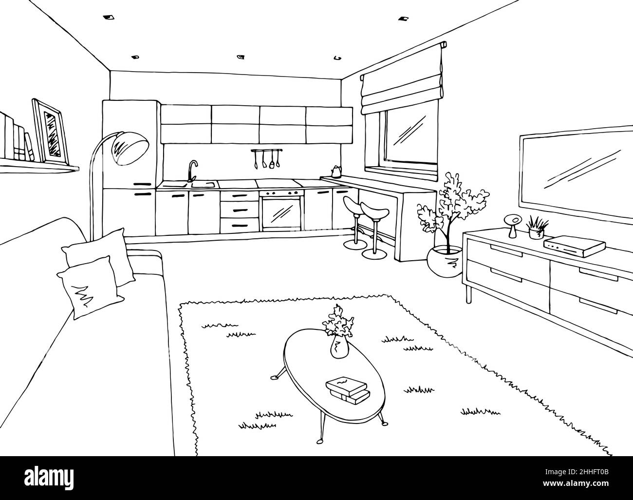 Petit appartement graphique noir blanc intérieur design dessin illustration vecteur Illustration de Vecteur
