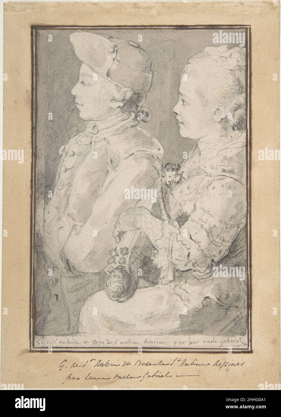 Germain-Augustin et Rose de Saint-Aubin, dessinés par leur oncle 1766 Gabriel de Saint-Aubin Français pendant la période Rococo, les artistes français ont souvent représenté des enfants, parfois en jeu et spontanés dans leurs gestes et expressions, mais aussi engagés dans l'étude, leur éducation, les bases de l'avenir de la société.En 1766, Saint-Aubin, dessinateur et chroniqueur de la vie culturelle parisienne, dessine un portrait de sa nièce et de son neveu en profil.Basé sur des études préparatoires faites après la vie, ce dessin fini présente les enfants bien éduqués et bien comportés, avec la contrainte et s Banque D'Images
