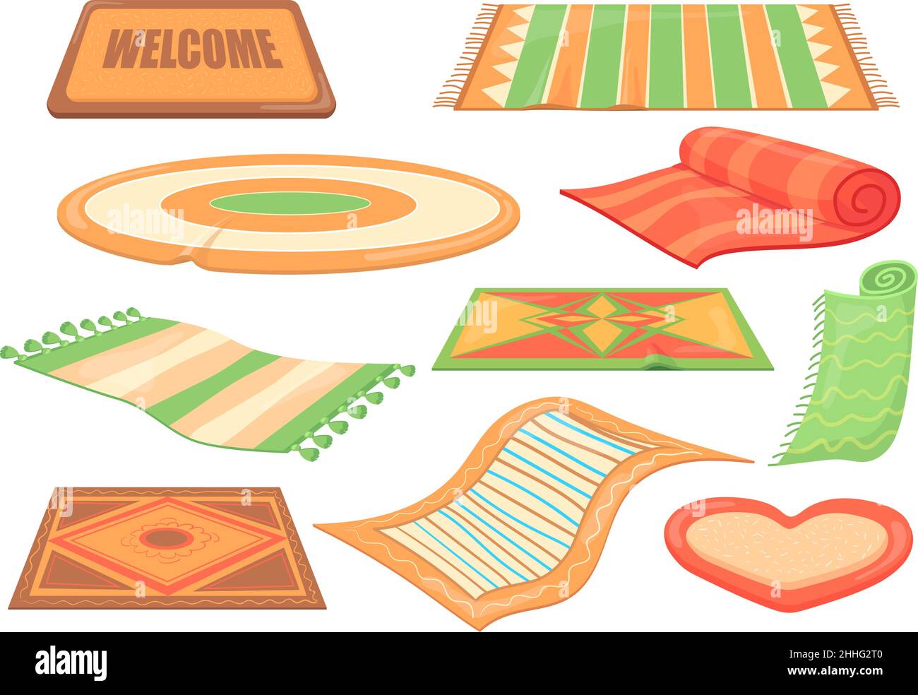 Tapis de laine de dessin animé.Tapis différents, tapis de bain, moquette tissée à partir de morceaux de tissu, décoration tapis textiles pour le sol ou les pieds, rouleau rond de couleur, illustration vectorielle.Tapis et tapis textile isolés Illustration de Vecteur