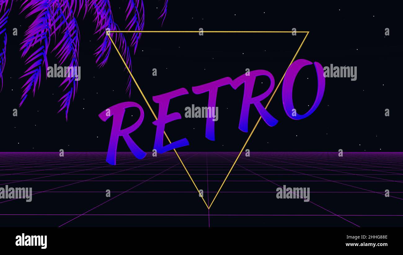 Arrière-plan de l'onde synthwave rétro.3d néons, palmier tropical et inscription rétro sur fond de nuit sombre.Stylistique du 80s, jeux informatiques et musique électronique.Illustration 3D de haute qualité Banque D'Images