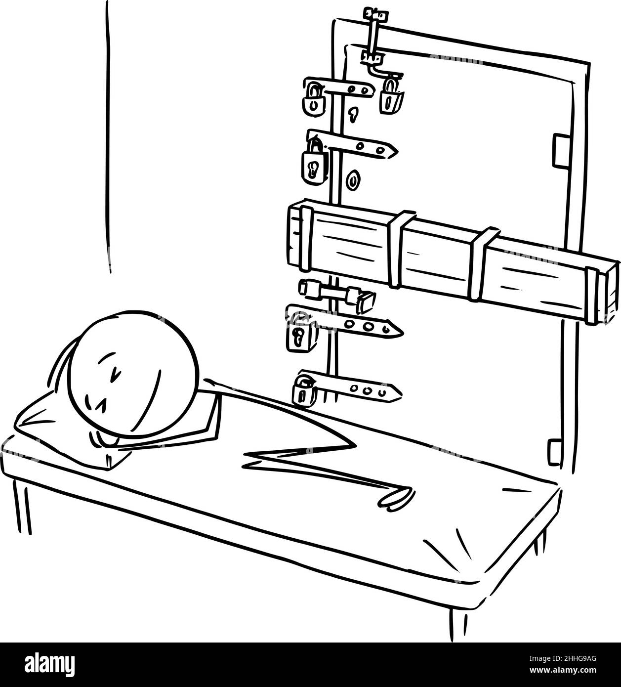 Personne dormant en sécurité avec serrures sur la porte, bâton de dessin animé Figure Illustration Illustration de Vecteur