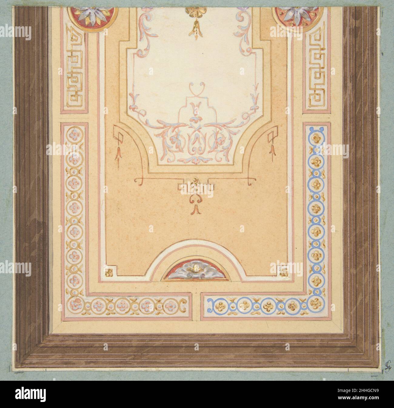 Design pour la décoration peinte d'un plafond avec des carreaux et des reneaux 1830–97 Jules-Edmond-Charles Lachaise Français.Design pour la décoration peinte d'un plafond avec des carreaux et des reneaux.Jules-Edmond-Charles Lachaise (français, mort en 1897).1830–97. stylo, encre et aquarelle, rehaussé de gouache blanc sur papier vélin; monté sur papier vélin bleu.Mises en plan Banque D'Images