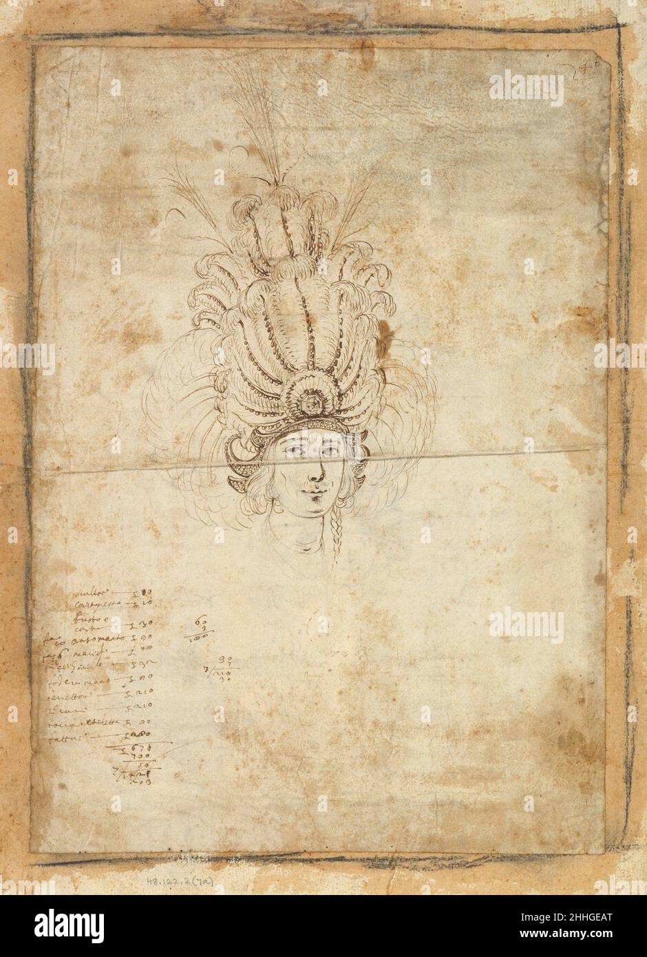 Conception pour un homme de la Headdress ca.1620–56 peut-être par Baccio del Bianco Italian Design pour une coiffure élaborée, placée sur la tête d'un homme.L'adresse est composée de plumes avec en son centre une pierre précieuse.Plus (semi-) pierres précieuses semblent avoir été prévues pour les bandes de curling entourant la tête de l'homme et au centre de chaque plume.En bas à gauche, une liste des costsd'un costume est écrite.Conception pour un homme Headdress 410280 Banque D'Images