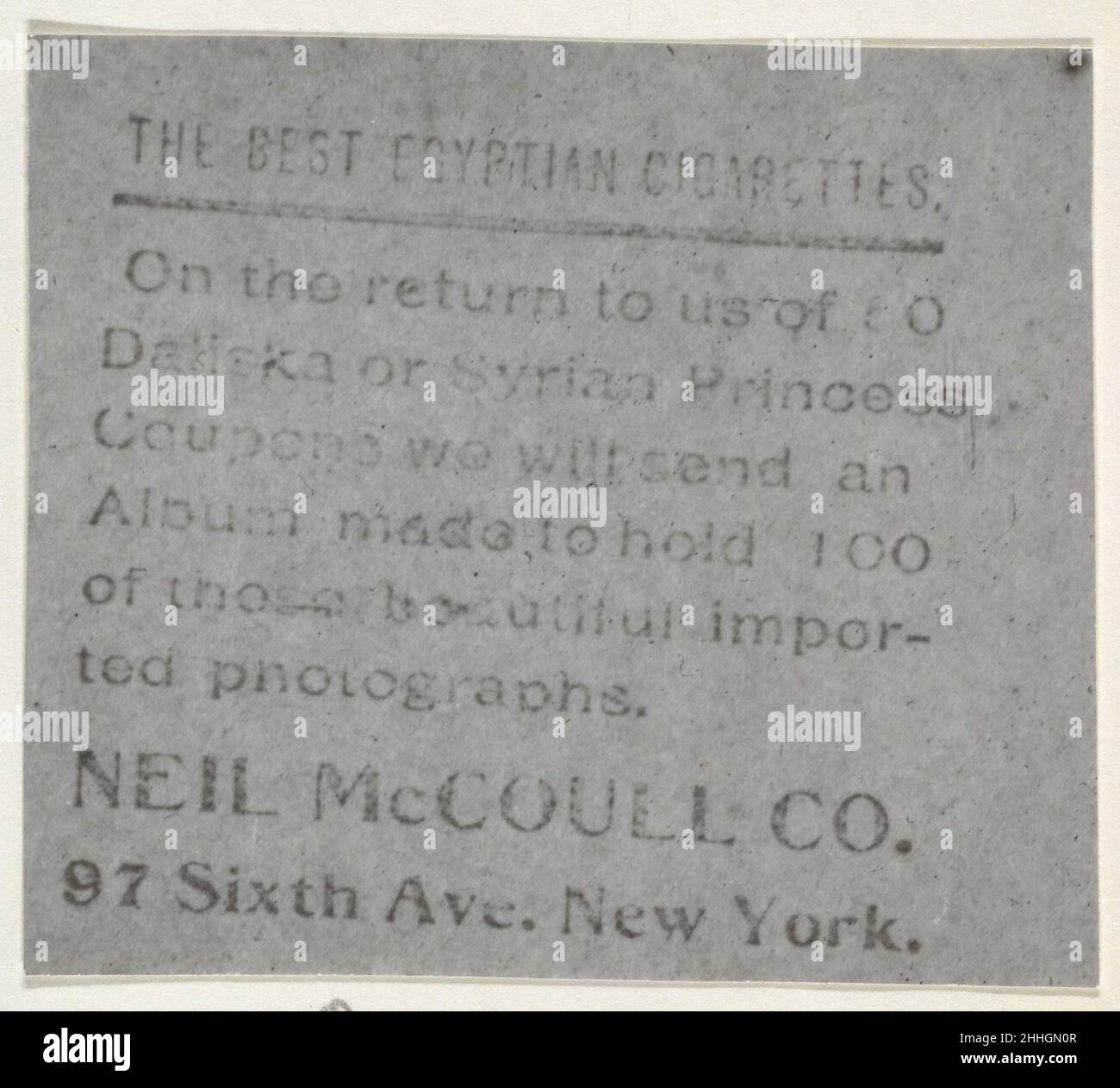 Télécopieur de la carte verso, de la série Actresses (T123, Type 1), émis par Neil McCoull Co.1897 émis par Neil McCoull Co. Cartes de commerce de la série 'Actresses' (T123), émises vers.1897 par Neil McCoull Co. Pour promouvoir leurs marques de tabac de la princesse syrienne et de la Daliska.Il existe deux types de cartes dans la série.Les cartes de type 1 sont plus petites et le nom des actrices se trouve sur le bord inférieur du recto.Les cartes de type 2 sont légèrement plus grandes et portent la marque de tabac, plutôt que le nom des actrices, sur la carte recto.Il s'agit d'une télécopie du verso des cartes de type 1 de l'ensemble.Je Banque D'Images