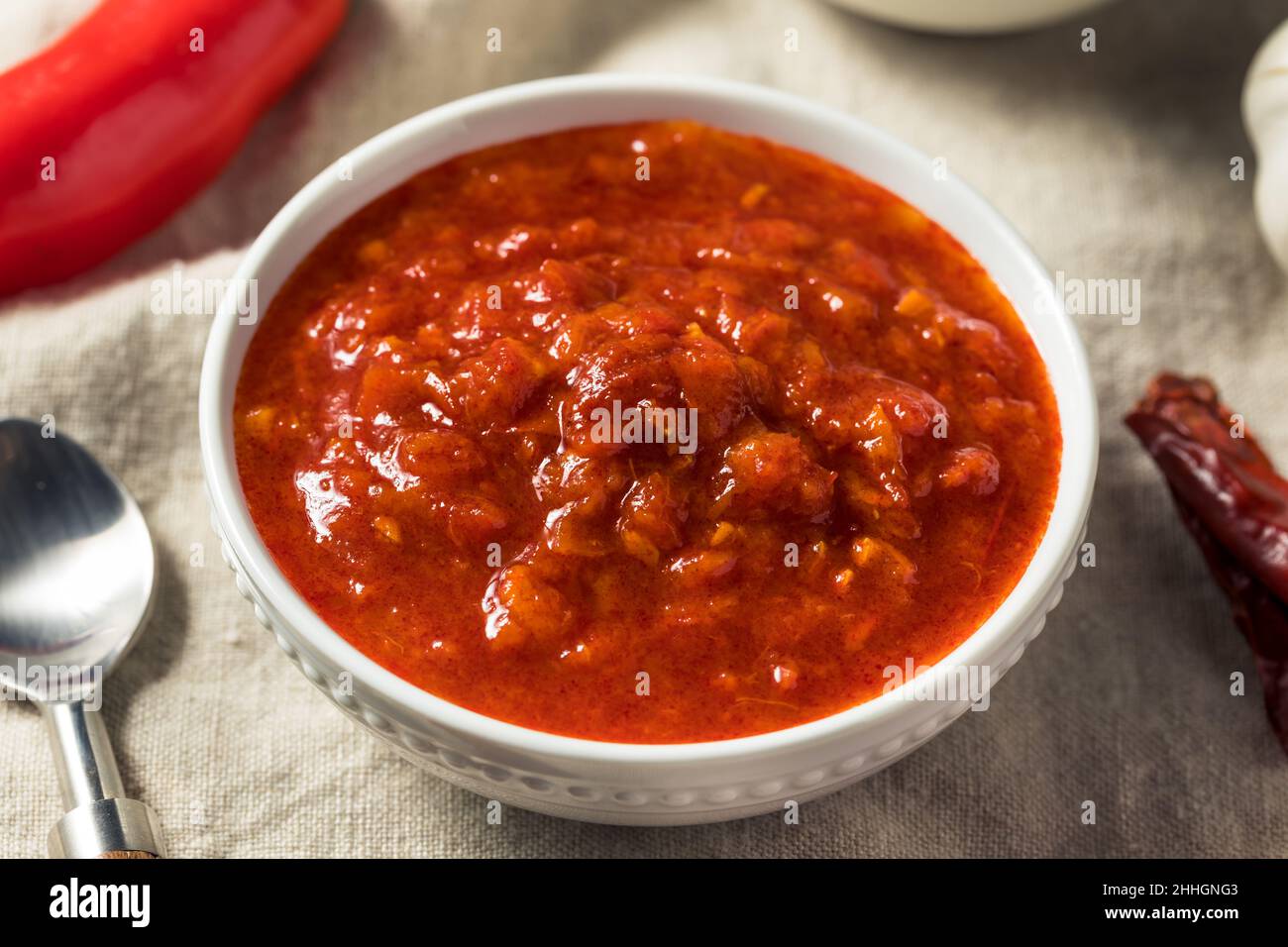 Pâte de Harissa rouge biologique maison dans un bol Banque D'Images