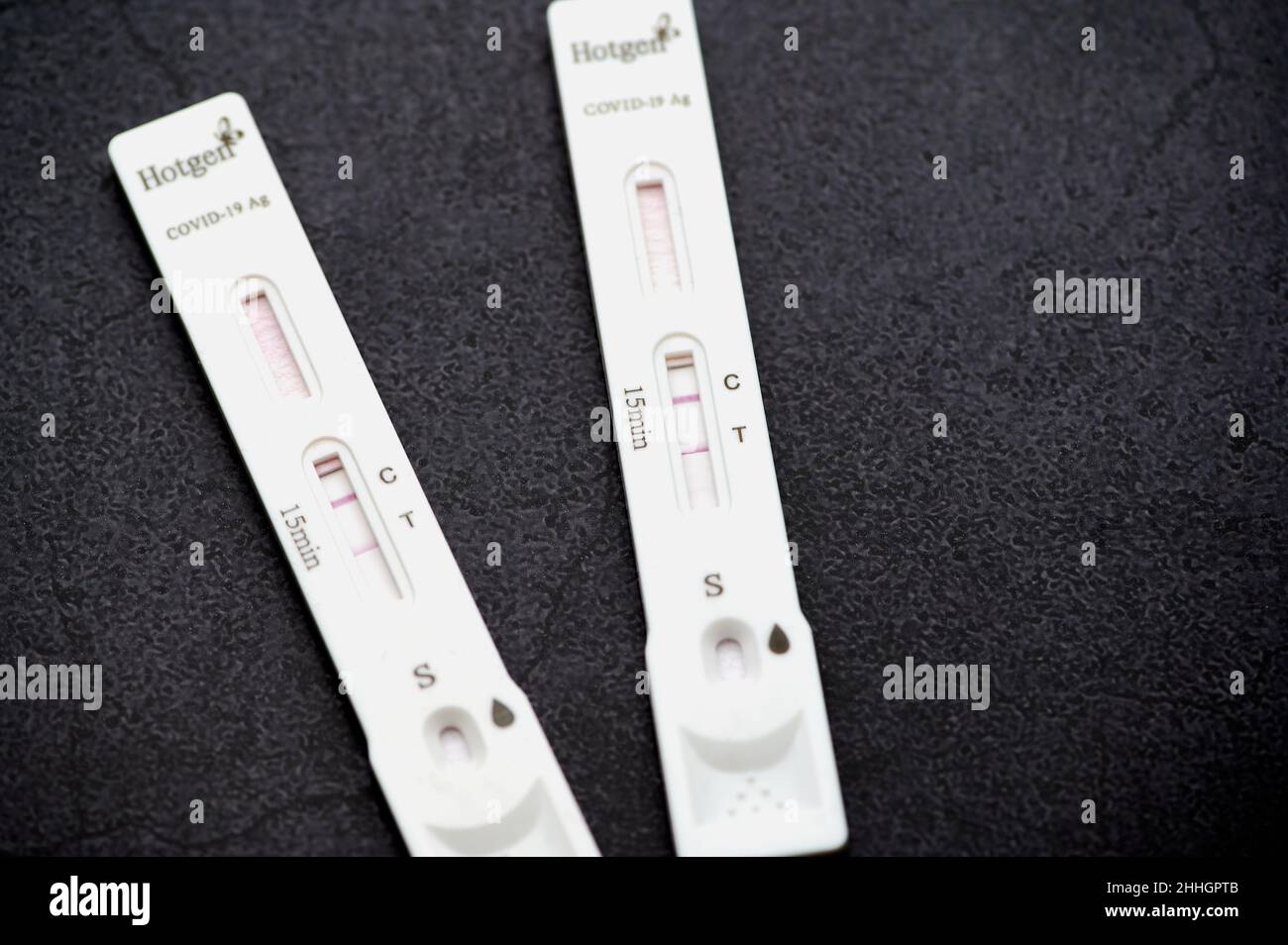 Mayence, Allemagne - 24 janvier 2022 : deux dispositifs de test d'antigène positif Hotgen Covid-19 Banque D'Images