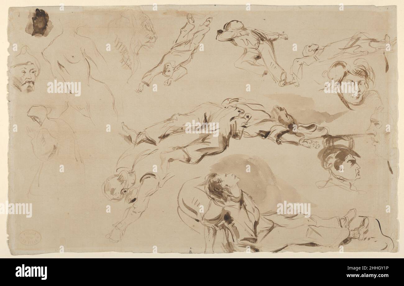 Figure Etudes relatives à 'la liberté à la tête du peuple' 1830 Eugène Delacroix Français cette fiche présente les premières esquisses des corps présentés au premier plan de la remarquable soumission de Delacroix au salon de 1831, 'la liberté à la tête du peuple' (1830; Musée du Louvre), son seul tableau d'événements contemporains en France :La révolution de juillet 1830.Le corpse tentaillé au centre avec un pantalon non boutonné apparaît au premier plan inférieur droit du tableau.Le caractère légèrement généralisé des chiffres suggère qu'ils sont probablement tirés de la mémoire plutôt que directement de la vie—casua Banque D'Images