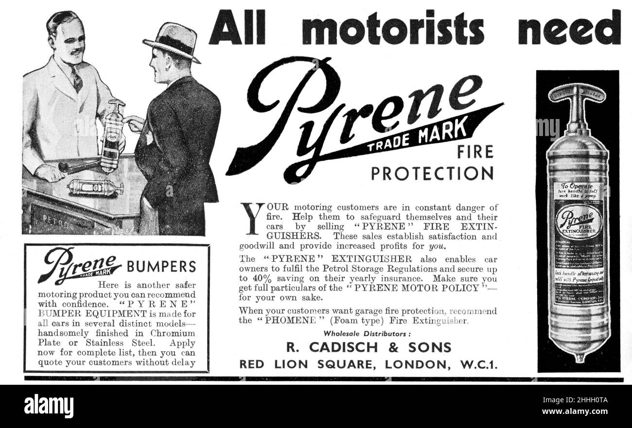 Publicité d'extincteur pyrène vintage pour un catalogue de vente en gros vintage pour le commerce automobile par R Cadisch & Sons, 1936 Banque D'Images
