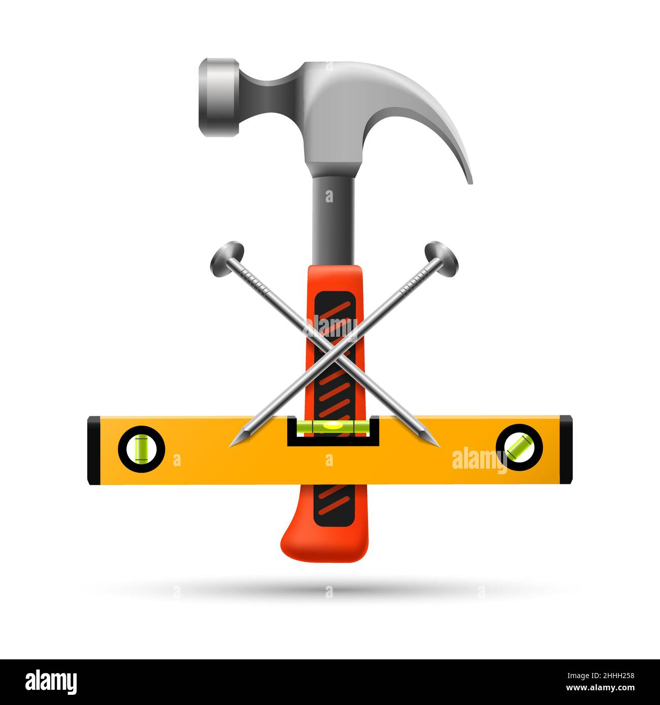 Emblème de niveau de marteau à clous réaliste Illustration de Vecteur