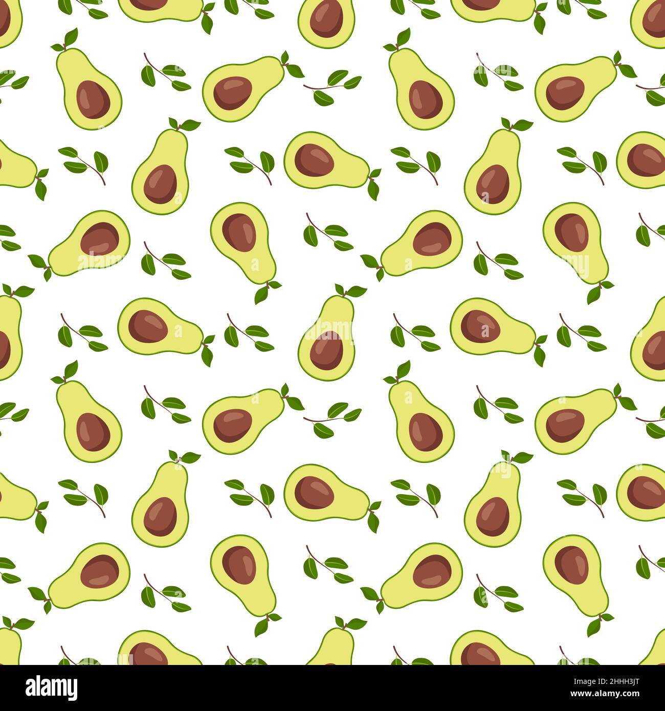 Motif sans couture avec avocat.Impression de légumes sains, de demi-feuilles et de feuilles vertes sur fond blanc.Illustration vectorielle plate Illustration de Vecteur