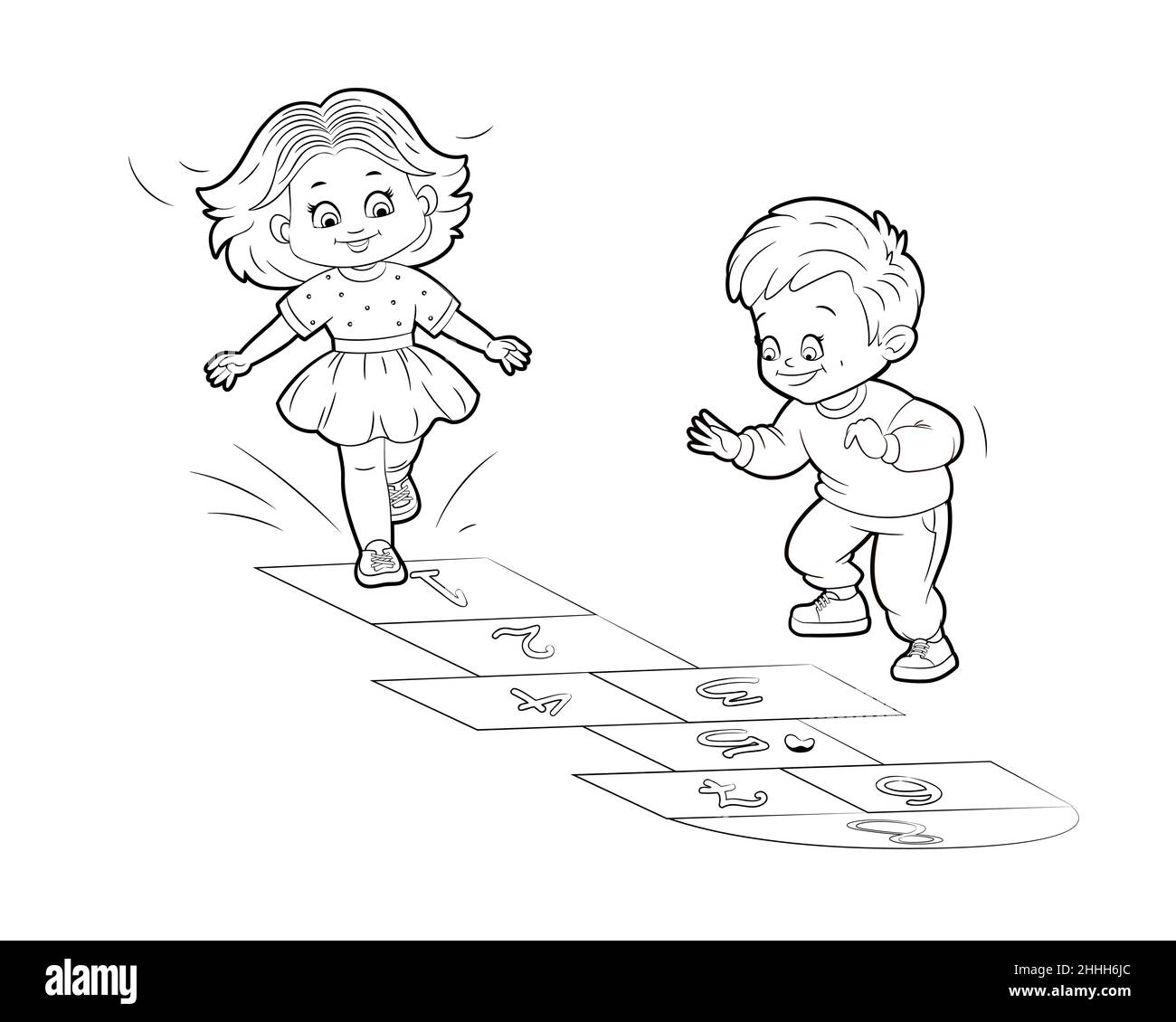 Coloriage livre fille et garçon sautent tout en jouant le hopscotch.Illustration vectorielle de style dessin animé, lignes noires et blanches Illustration de Vecteur