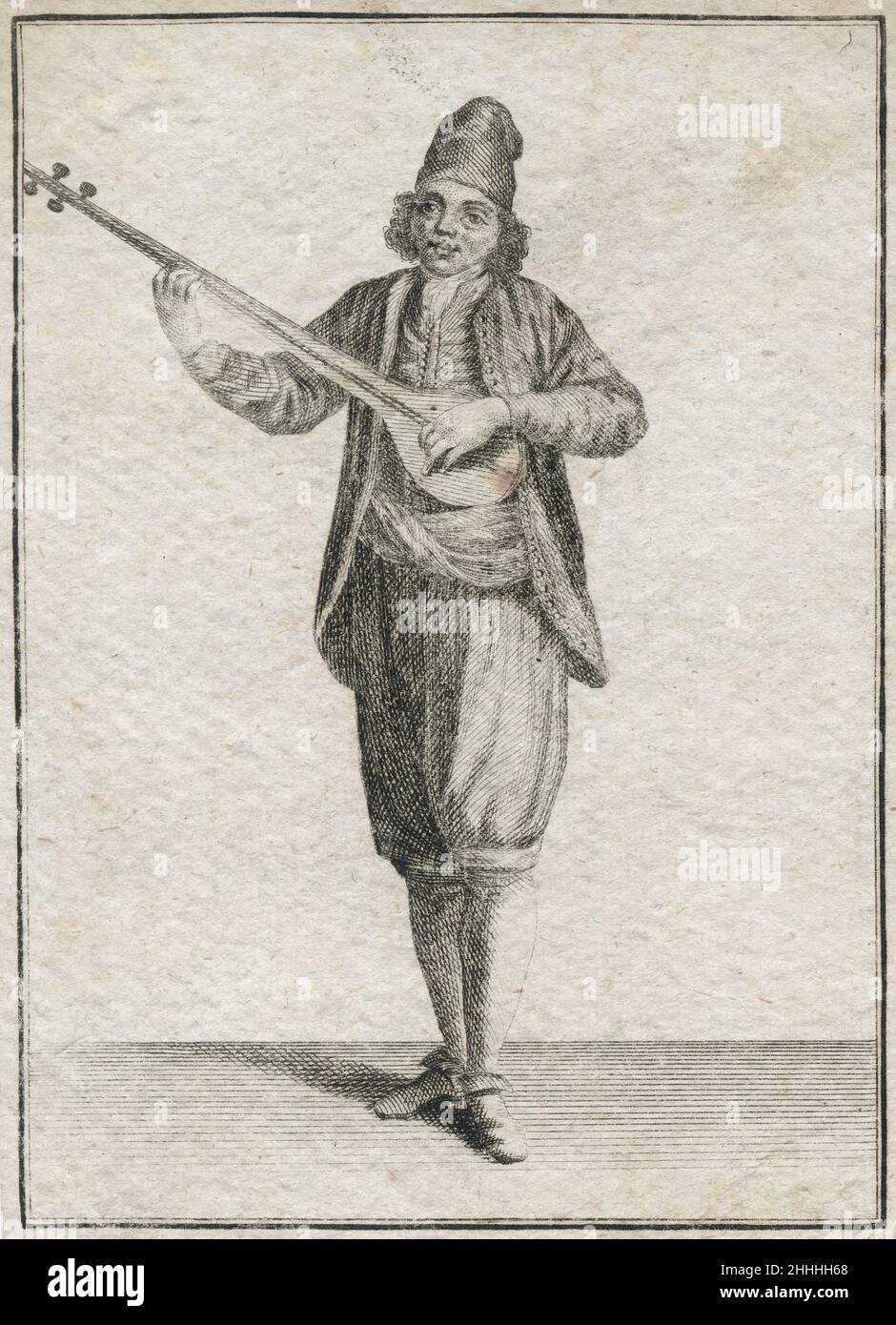 Gravure antique de 17th siècles, 'Un grec des îles jouant les tambouras' (Ein Griech aus denen Insuln, auf der Tabura spielend) par Johann Christoph Weigel, connu sous le nom de Christoph Weigel The Elder (1654-1725).SOURCE : GRAVURE ORIGINALE Banque D'Images