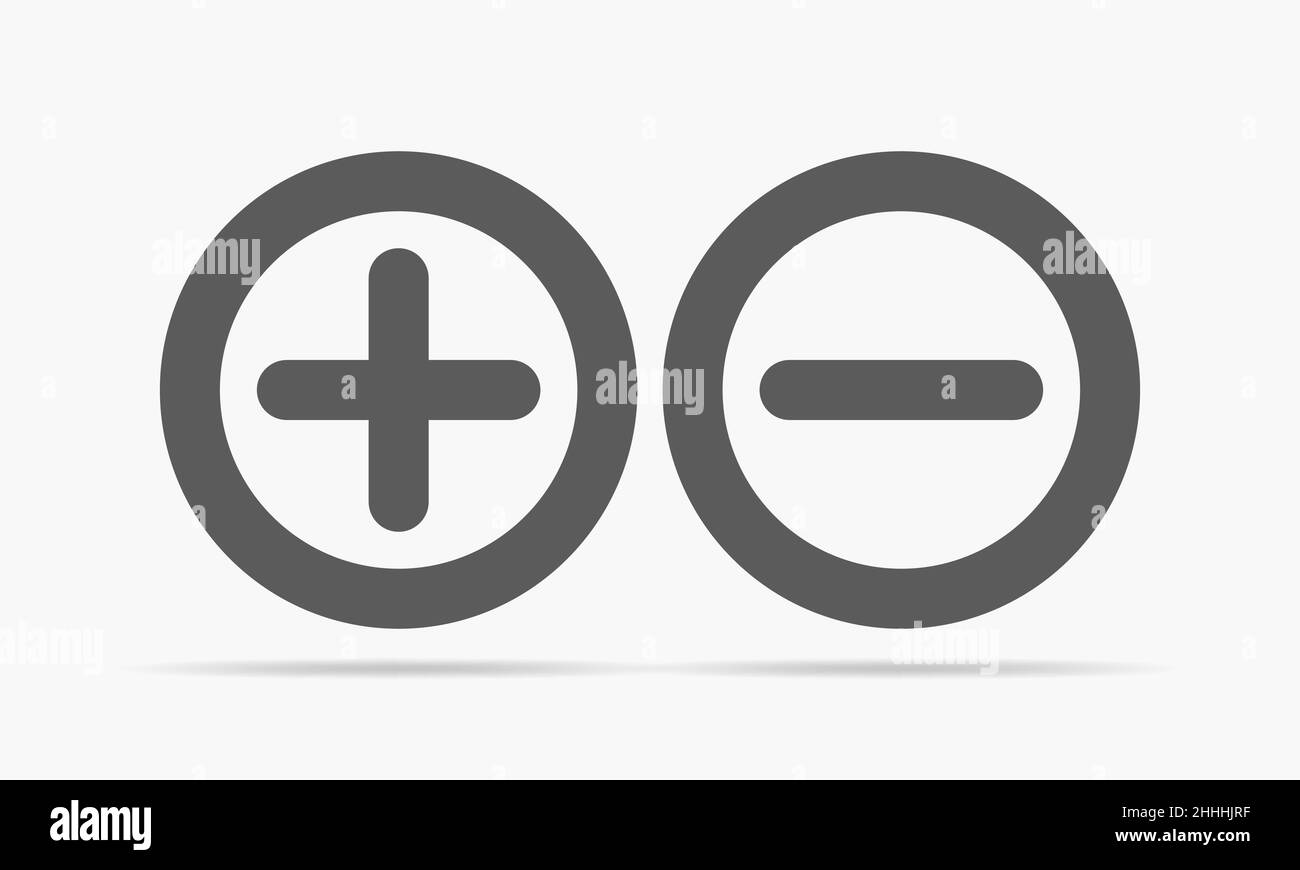 Gris plus moins.Illustration vectorielle.Icônes plus et moins arrondies sur fond clair. Illustration de Vecteur