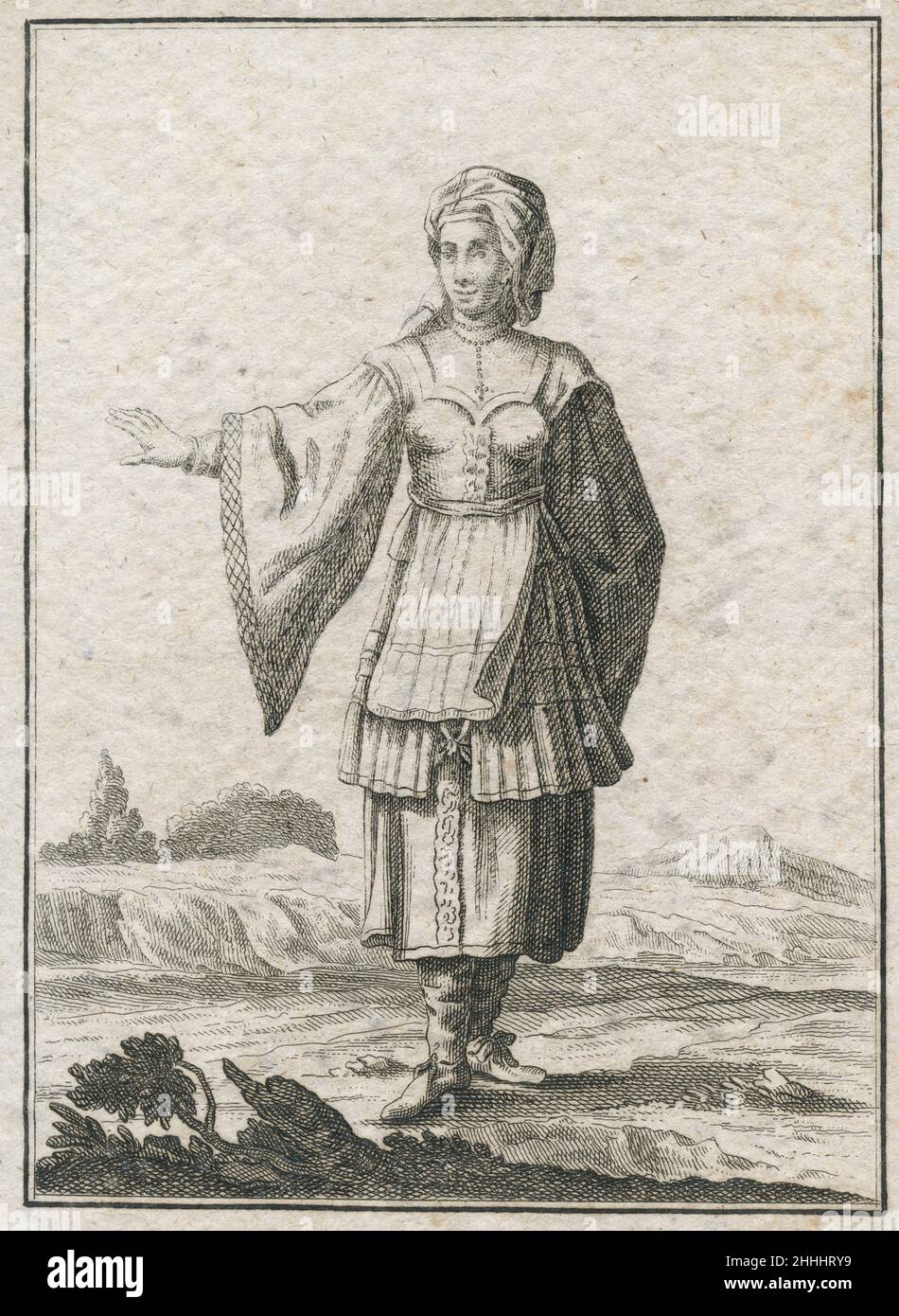 Gravure antique de 17th siècles, 'Une femme de l'île d'iOS' (Ein Frauenzimmer aus der Insul Nio) par Johann Christoph Weigel, connu sous le nom de Christoph Weigel The Elder (1654-1725).SOURCE : GRAVURE ORIGINALE Banque D'Images