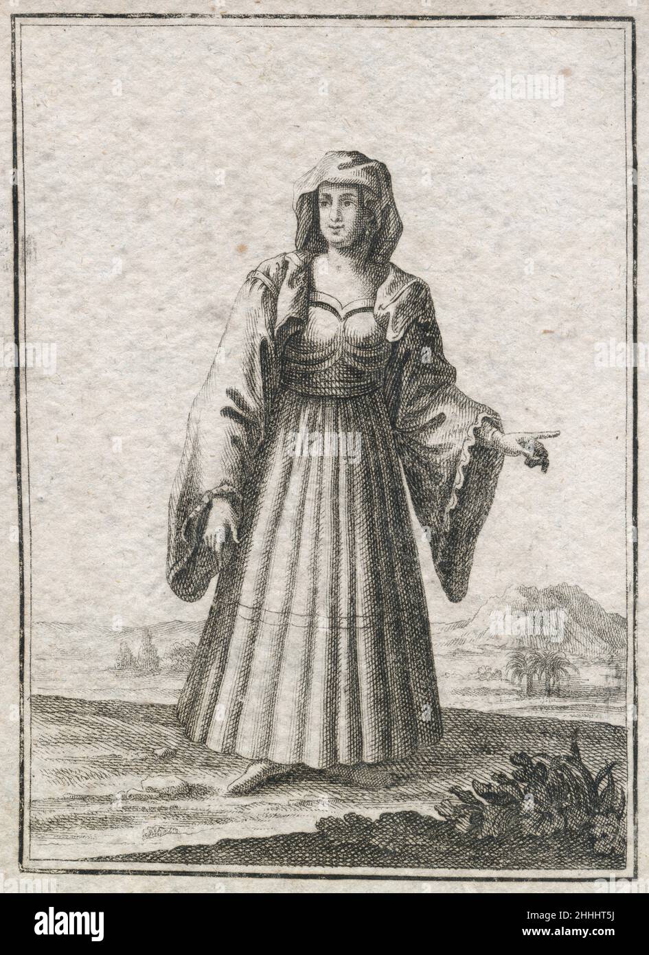 Gravure antique de 17th siècles, 'une jeune fille de l'île de Candia ou Creta' (Eine Jungfer aus der Insul Candia oder Creta) par Johann Christoph Weigel, connu sous le nom de Christoph Weigel The Elder (1654-1725).SOURCE : GRAVURE ORIGINALE Banque D'Images
