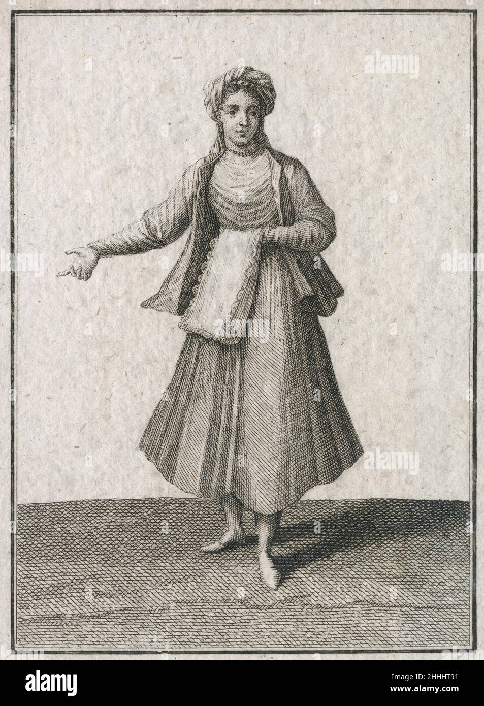 Gravure antique de 17th siècles, 'une femelle de l'île de Patmos par Saint-Jean' (Ein Frauenzimmer von S. Johann aus der Insul Patmos) par Johann Christoph Weigel, connu sous le nom de Christoph Weigel The Elder (1654-1725).SOURCE : GRAVURE ORIGINALE Banque D'Images