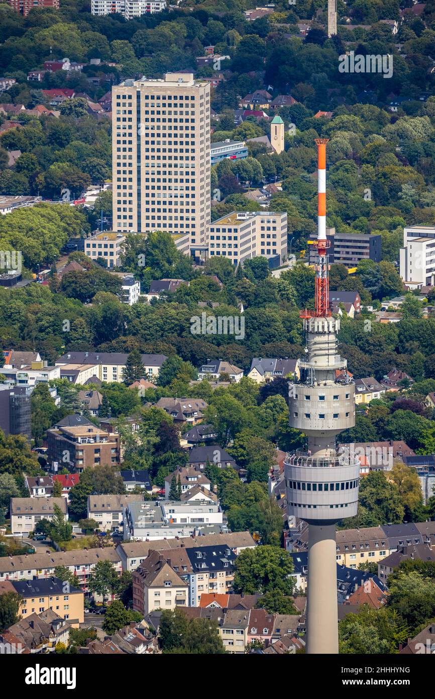 Vue aérienne, la tour de télévision, Florianturm dans le Westfalenpark, en arrière-plan le Westfalentower, tour d'affaires, autoroute A40, B1, Westfalen Banque D'Images