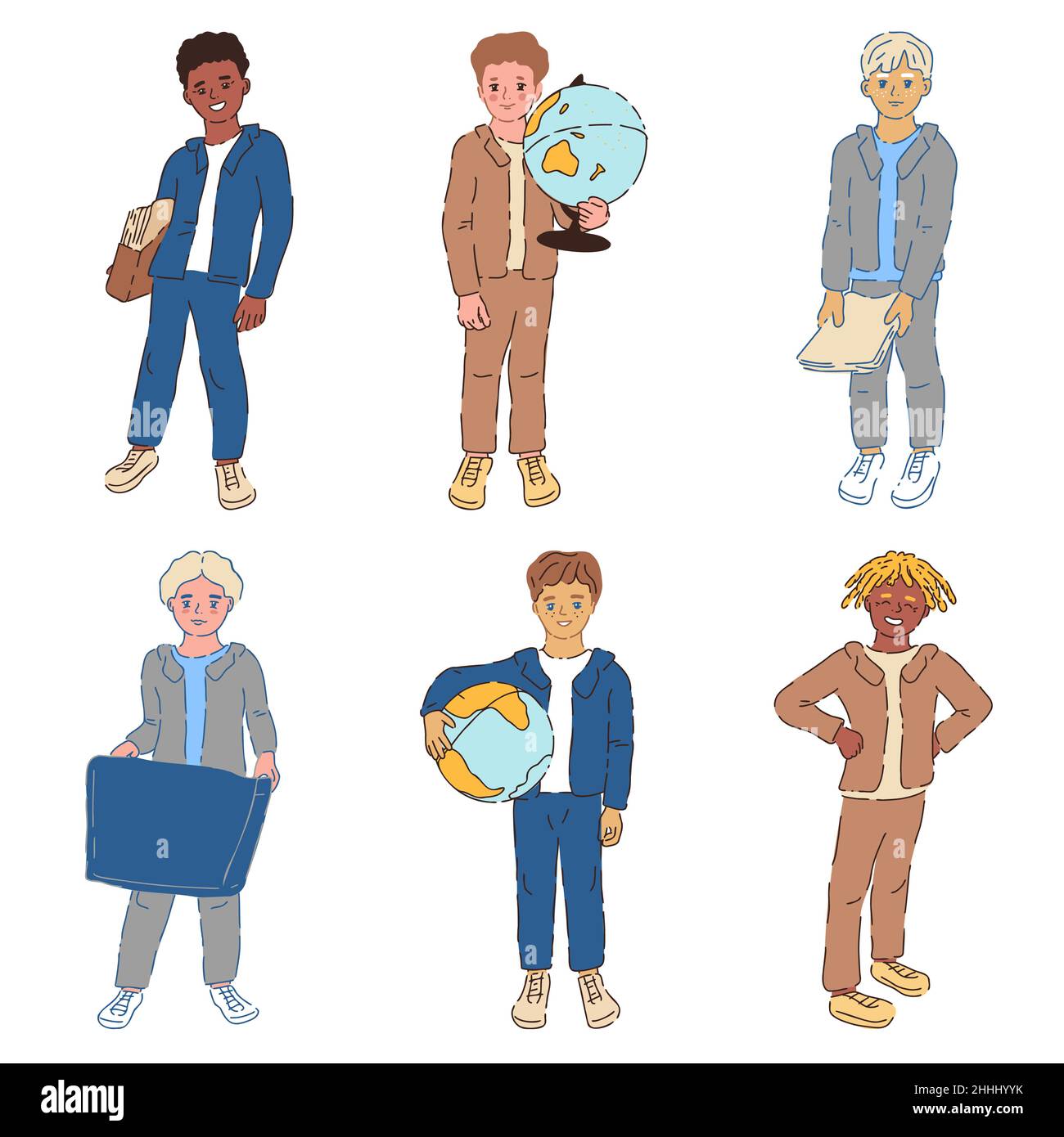 Jeu de caractères différent pour les étudiants.Écoliers en uniforme avec cahier d'exercices, modèle de la Terre, boîte à écoliers.Élèves du secondaire.Les écoliers debout représentent une illustration vectorielle Illustration de Vecteur