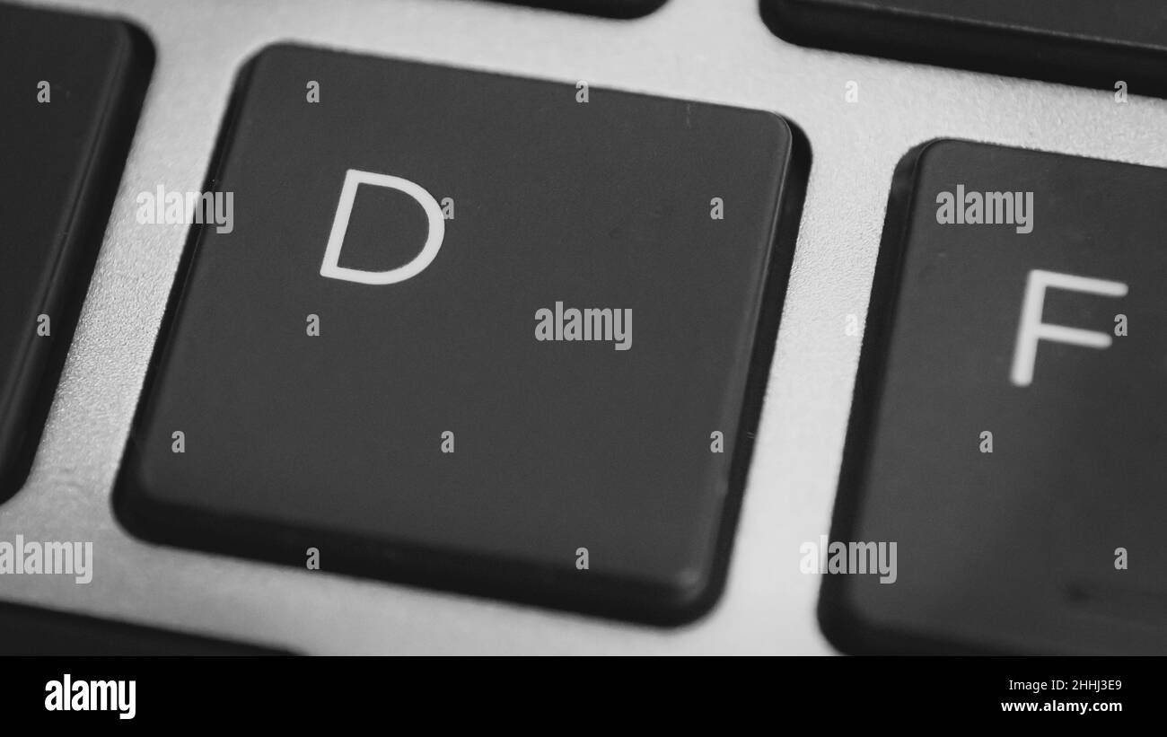 Vue macro sur le clavier de l'ordinateur montrant les lettres D et F agrandies Banque D'Images