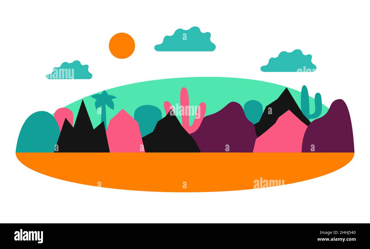 Illustration vectorielle plate avec des montagnes colorées, des arbres tropiques et des clounds.Joli motif paysage pour bannières, emballage alimentaire, affiche. Illustration de Vecteur
