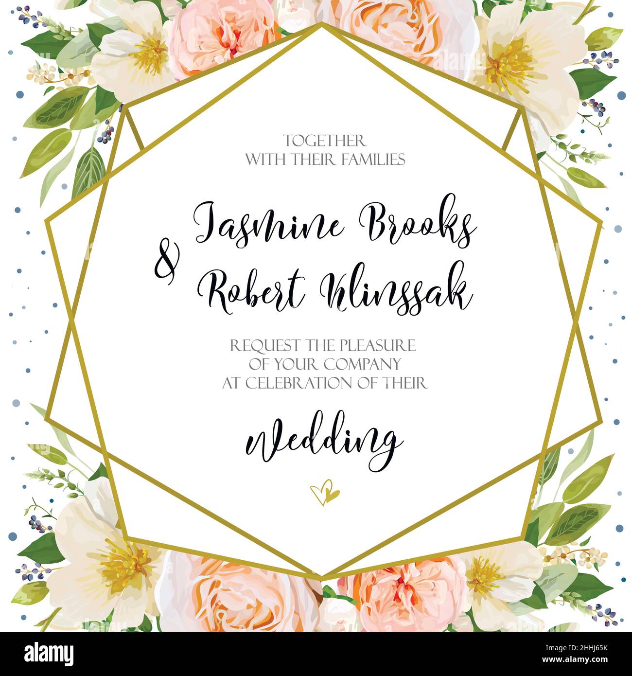 Invitation à un mariage, carte d'invitation Design avec rose pêche Rose fleur magnolia camélia fleurs blanches baies privées, feuille de sauge verte élégant bouquet geome Illustration de Vecteur