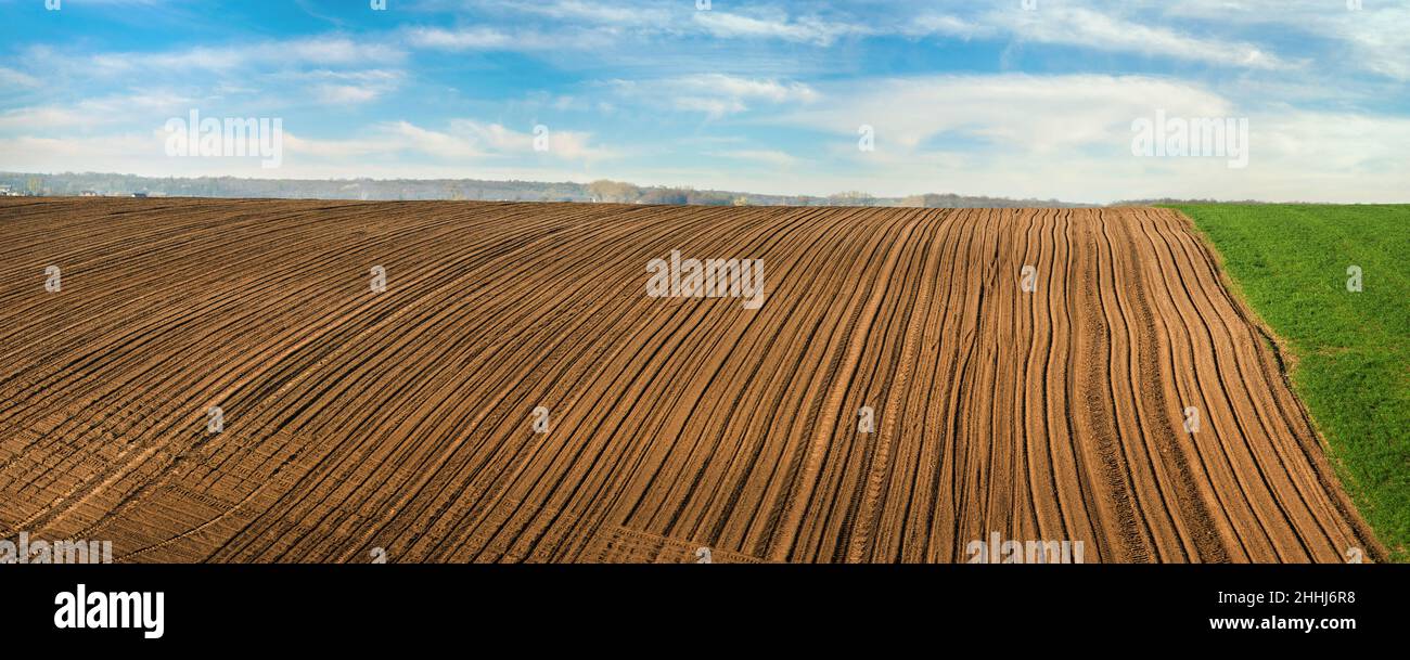 rangées de champs labourés au printemps sous un ciel magnifique nuages Banque D'Images