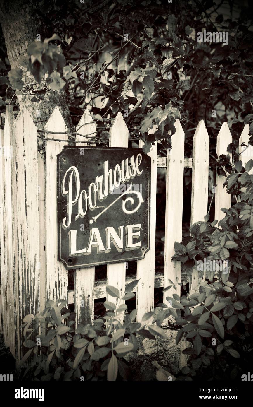 Panneau Poorhouse Lane sur la clôture de piquetage à Key West, Floride, FL USA.Destination de vacances sur l'île. Banque D'Images