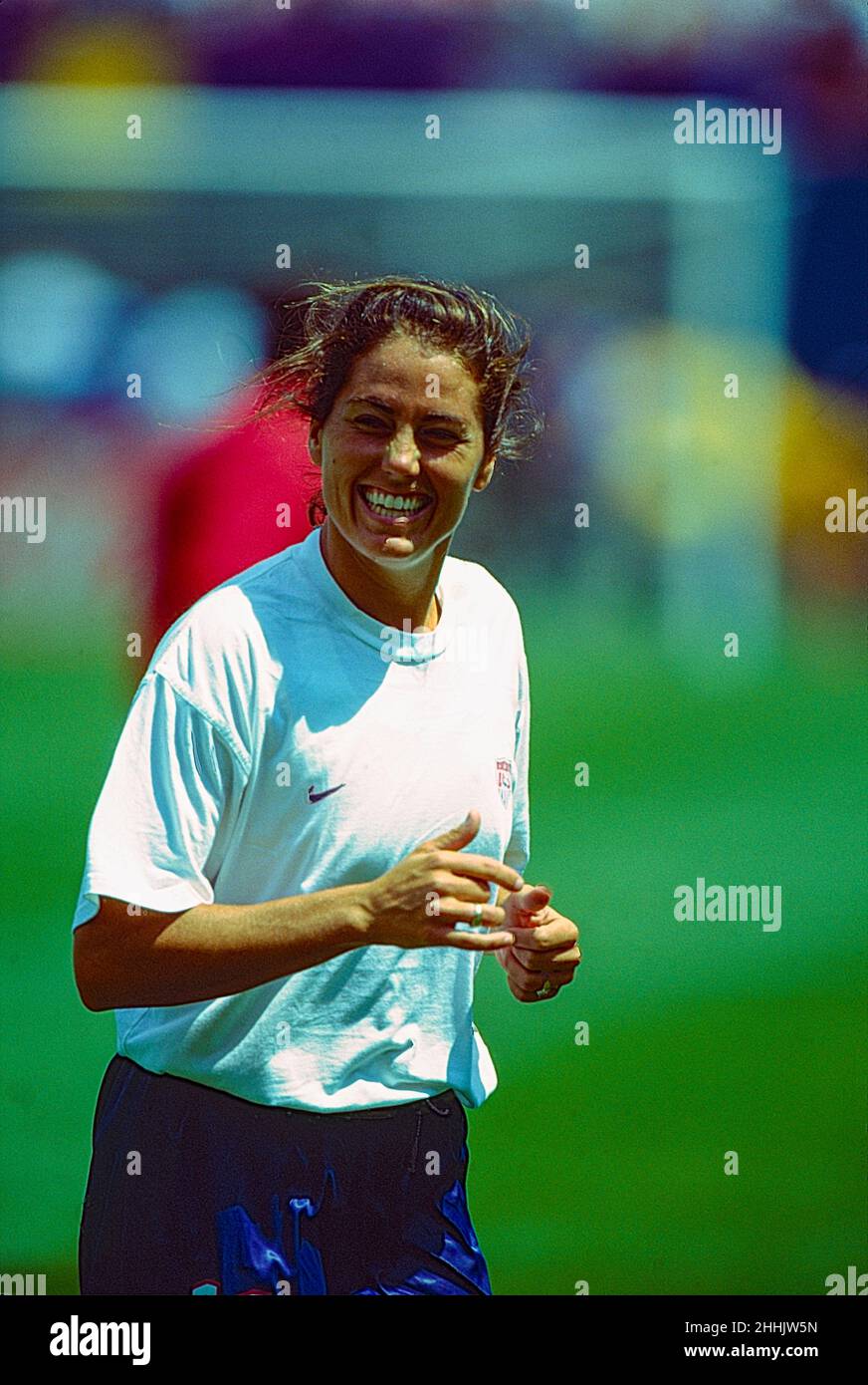 Julie Foudy (USA) pendant le match USA contre Danemark à la coupe du monde de football féminin 1999. Banque D'Images