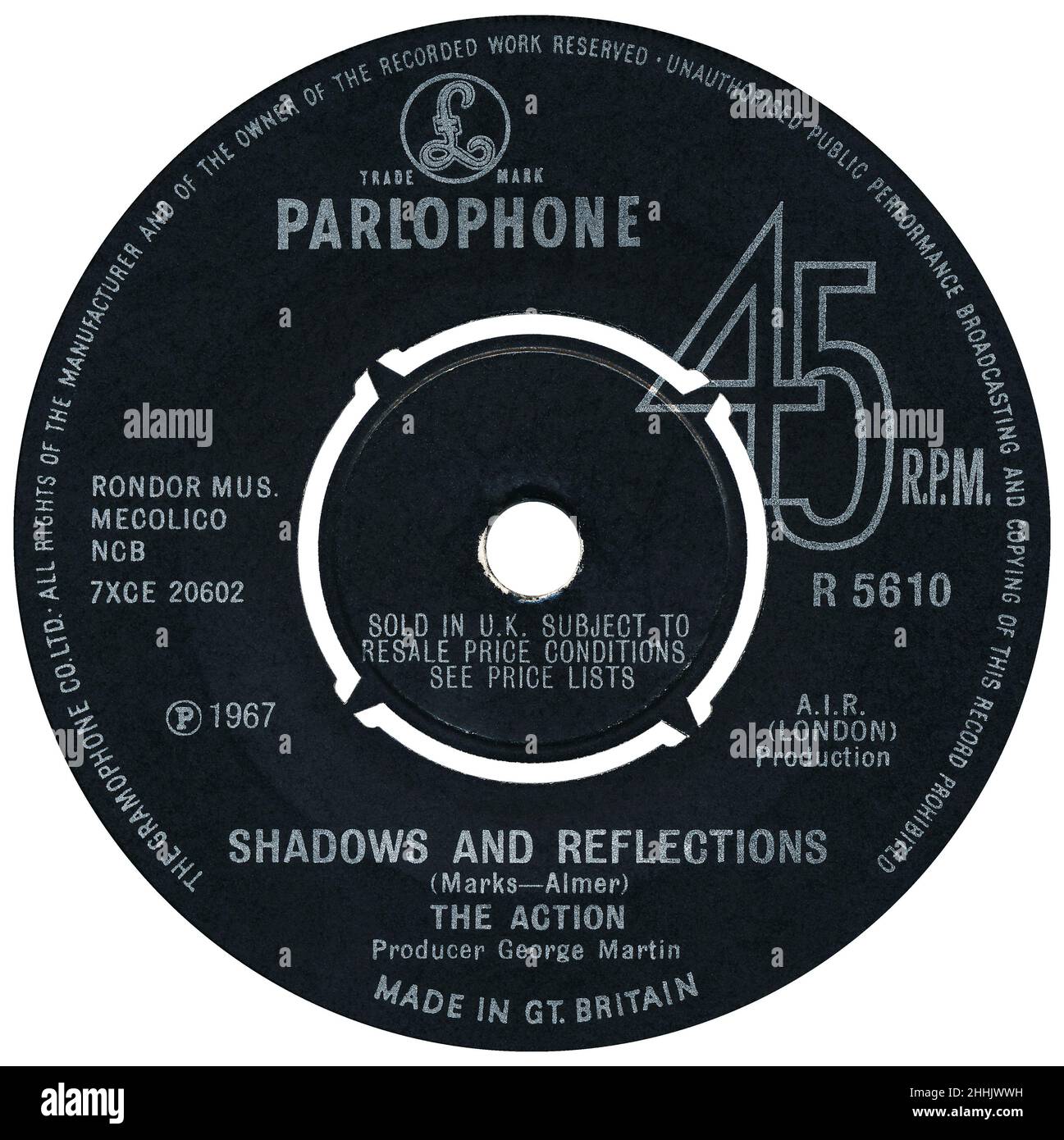 45 RPM 7' Royaume-Uni label Shadows and Reflections by the action.Écrit par Larry Marks et Tandyn Almer et produit par George Martin.Publié sur le label Parlophone en juin 1967. Banque D'Images
