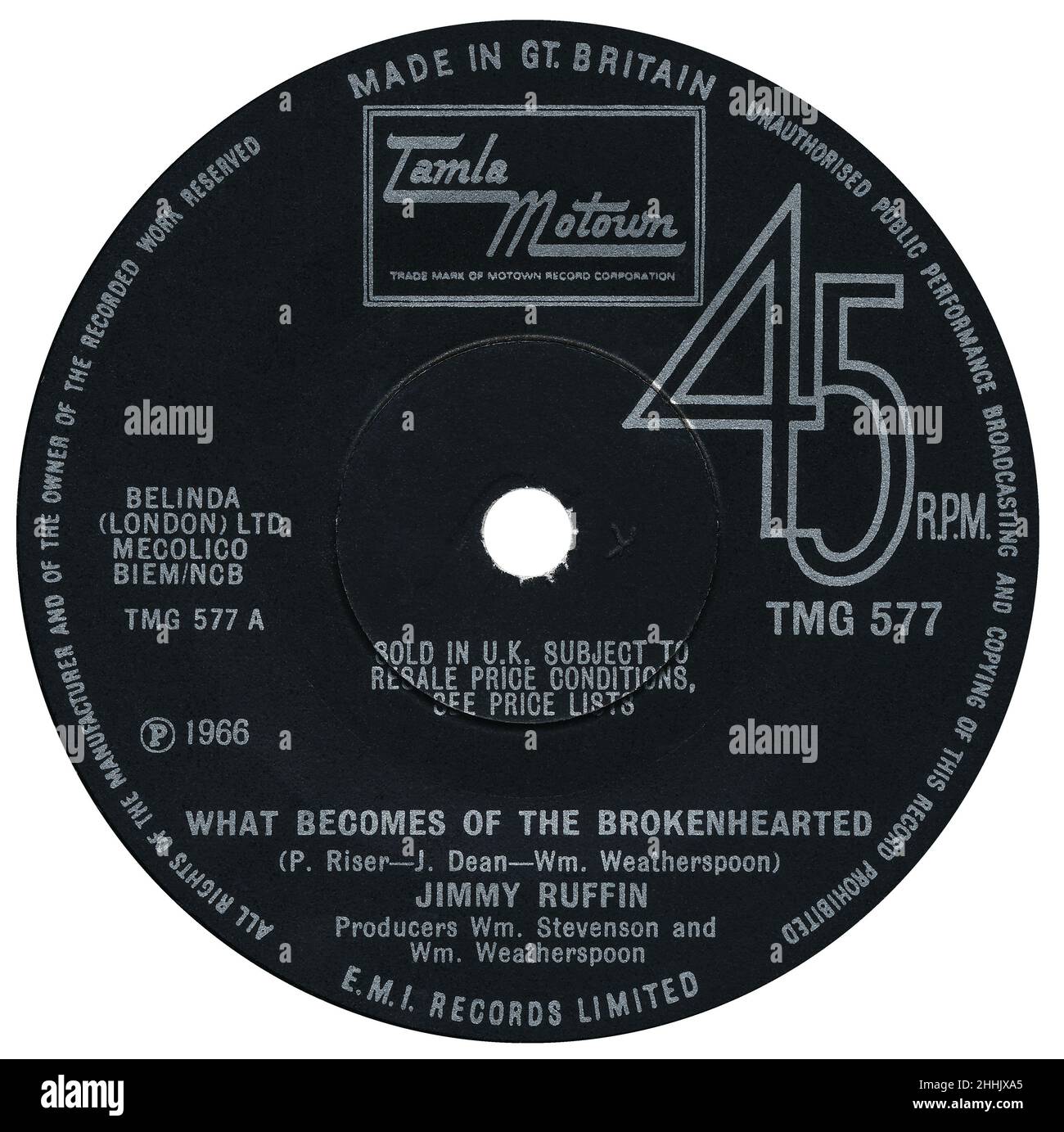 45 RPM 7' label britannique de What devient of the Brokenhearted par Jimmy Ruffin.Écrit par Paul Riser, James Dean et William Weatherspoon et produit par Weatherspoon et William 'Mickey' Stevenson.Sortie sur le label Tamla Motown en septembre 1966. Banque D'Images