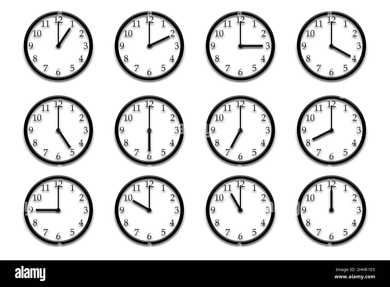 Douze horloges murales en relief, chacune montrant une heure complète différente de la journée, 1-12.À utiliser dans d'autres illustrations. Banque D'Images