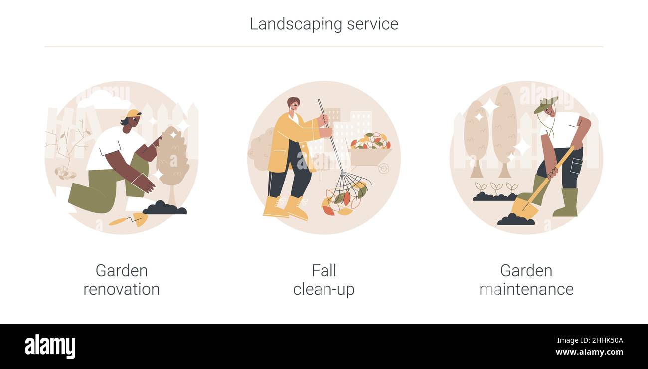 Illustrations vectorielles abstraites de concept de service d'aménagement paysager. Illustration de Vecteur