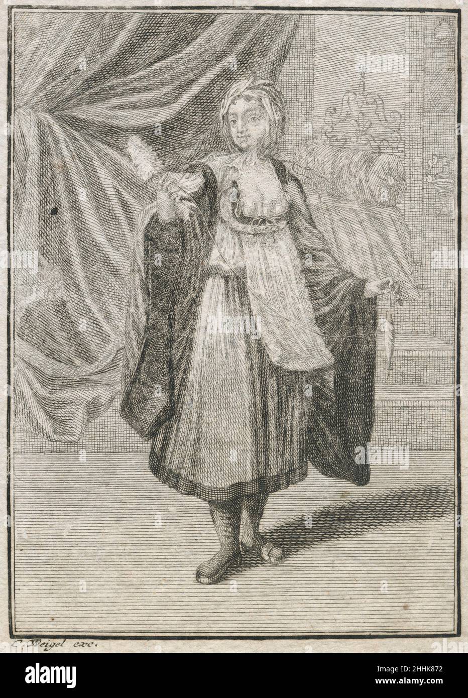 Gravure antique de 17th siècles, 'un spitner de l'île d'Argentière (maintenant appelé Kimolos)' (Eine Jungfer aus der Insul Argentiere) par Johann Christoph Weigel, connu sous le nom de Christoph Weigel The Elder (1654-1725).SOURCE : GRAVURE ORIGINALE Banque D'Images