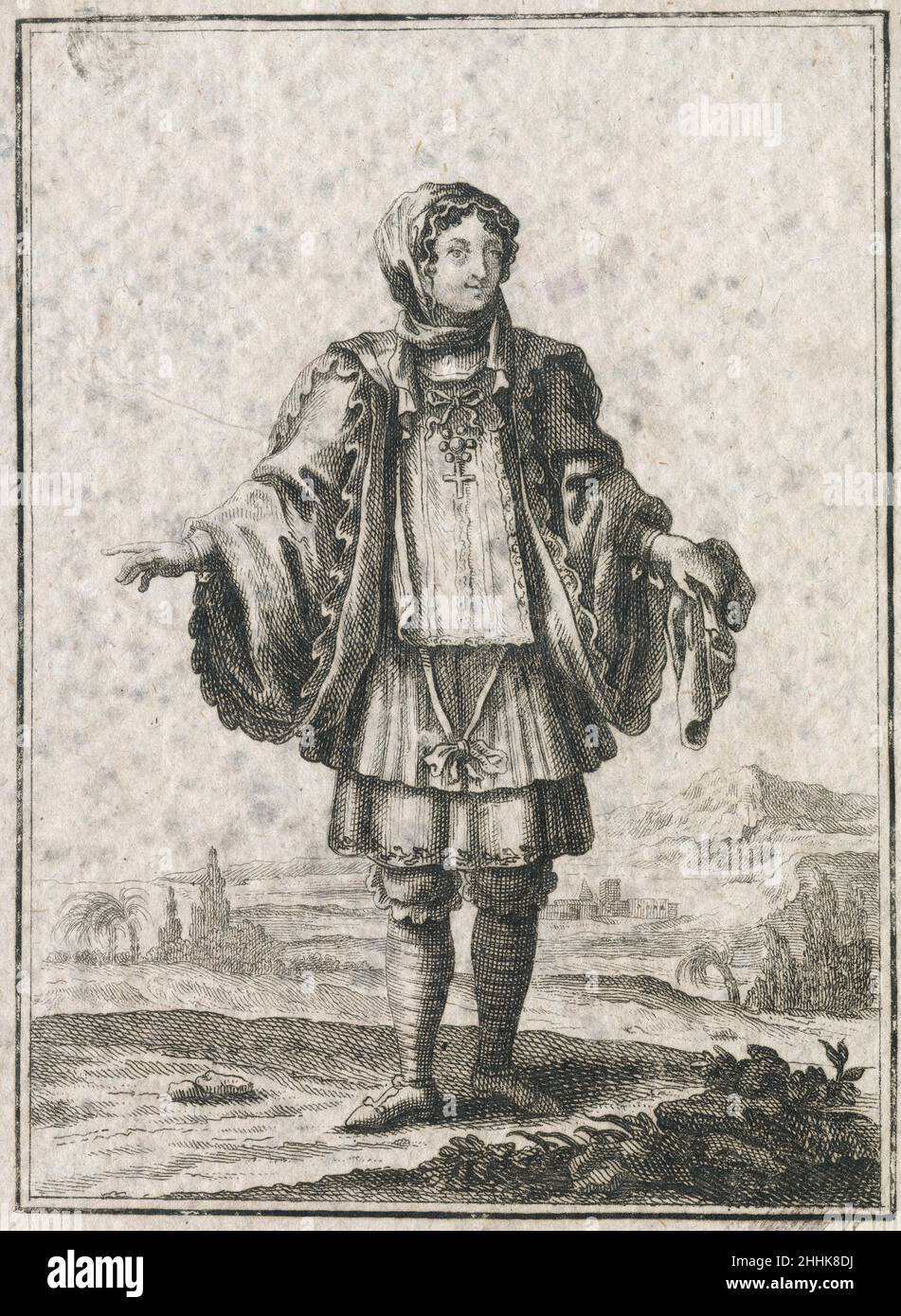 Gravure antique de 17th siècles, 'une jeune fille de l'île de Milos' (Ein Frauenzimmer aus der Insul Milo) par Johann Christoph Weigel, connu sous le nom de Christoph Weigel The Elder (1654-1725).SOURCE : GRAVURE ORIGINALE Banque D'Images