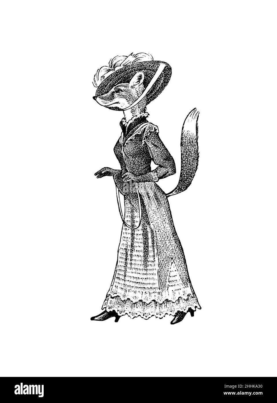 Renard tendance en vêtements.Femme antique.dame victorienne.Vêtements rétro anciens.Femme en robe.Style de gravure vintage.Ancien monochrome dessiné à la main Illustration de Vecteur