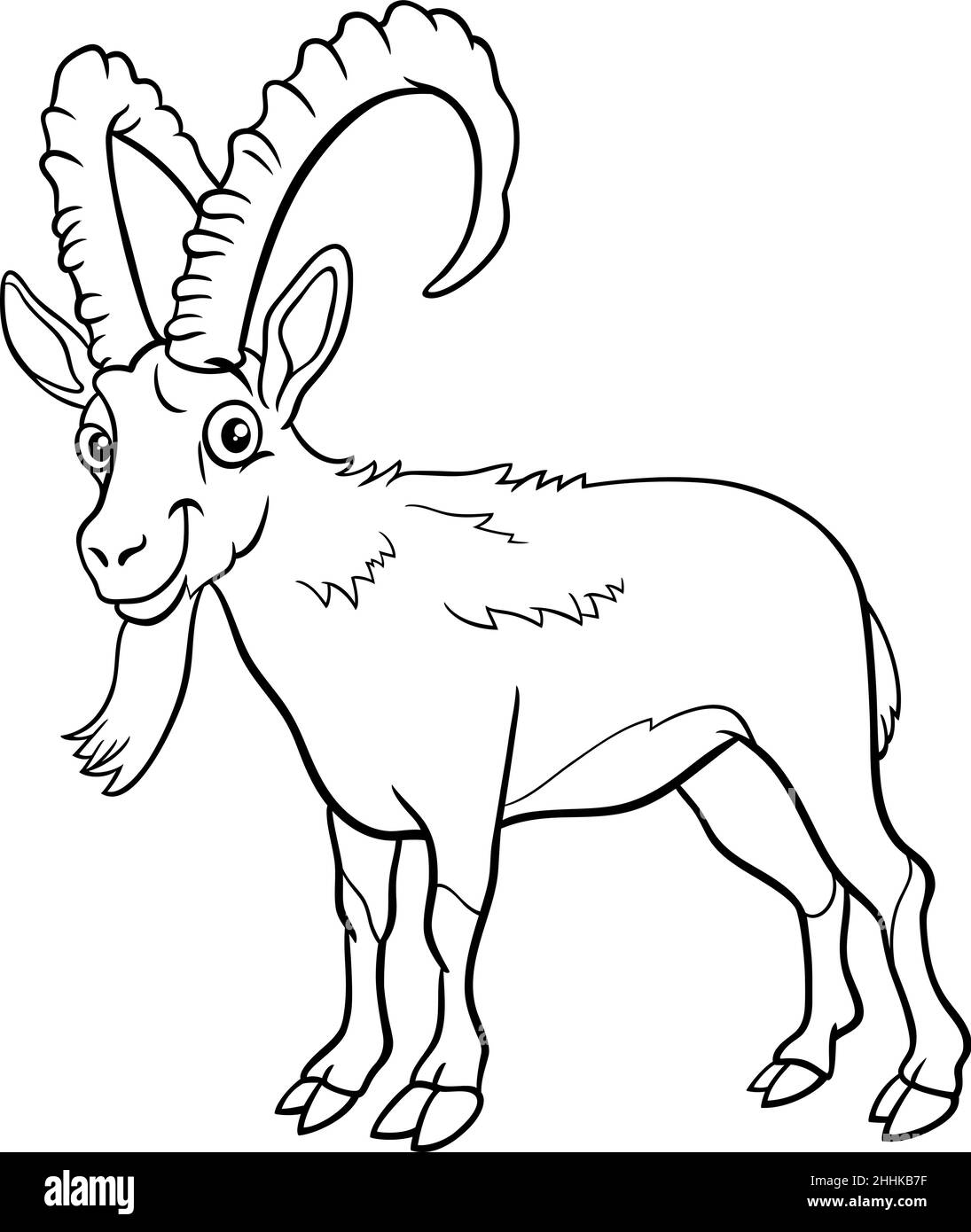 Dessin animé noir et blanc illustration de drôle ibex bande dessinée animal caractère coloriage page livre Illustration de Vecteur