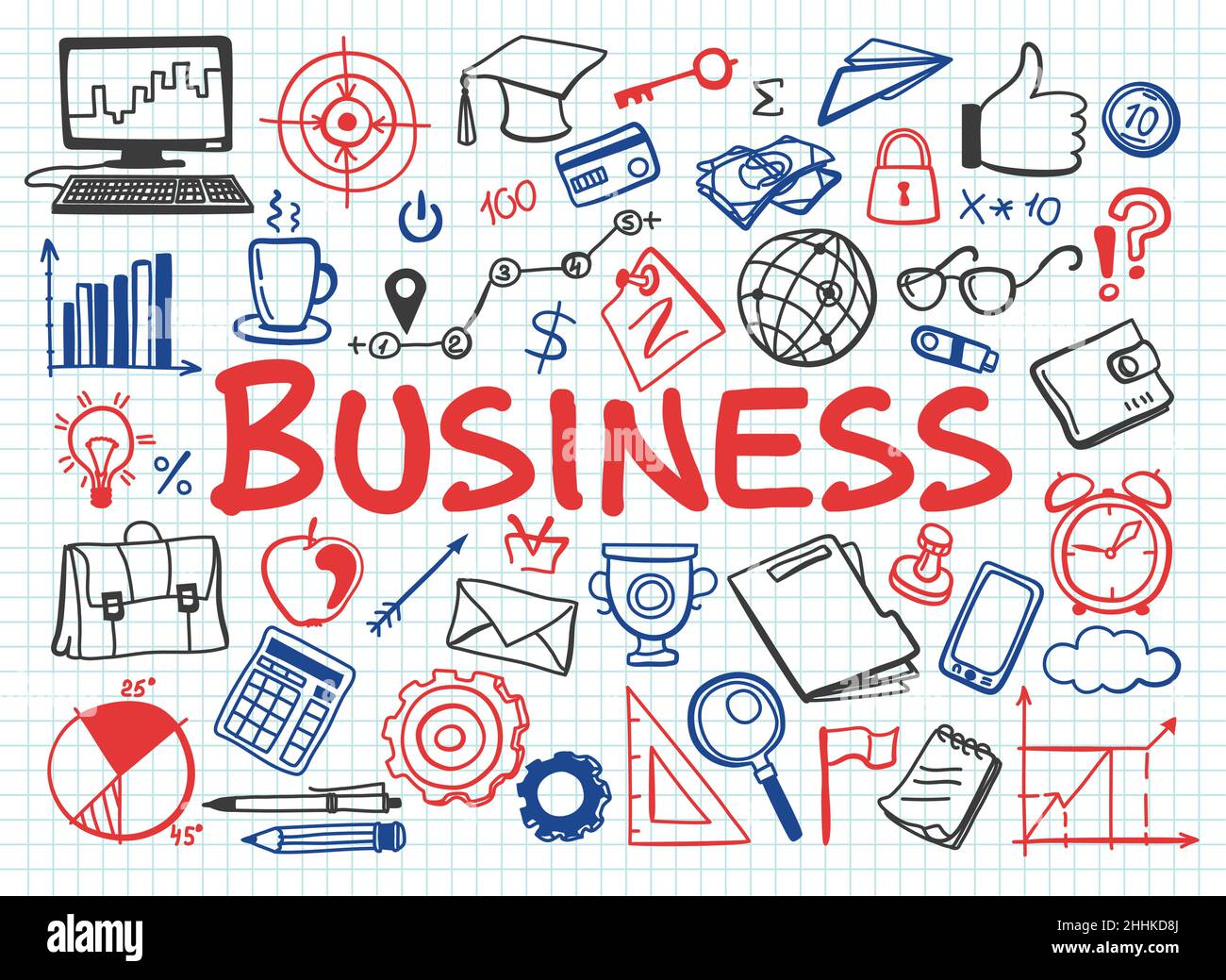 Illustration vectorielle de conception dessinée à la main, ensemble d'icônes d'affaires dans le style des gribouillages, pour le graphisme et le web design Illustration de Vecteur