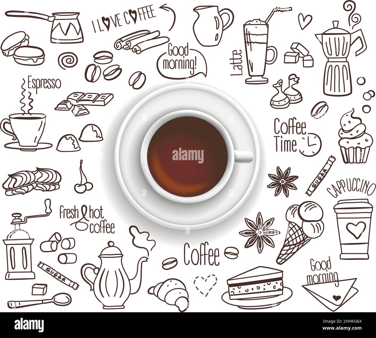 Illustration vectorielle à motif dessiné à la main, tasse à café avec lot d'icônes de boisson au café dans un style doodle, pour un motif graphique et un motif Web Illustration de Vecteur