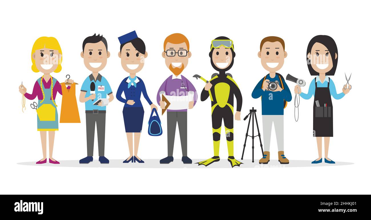 Ensemble de personnes liées aux différentes professions telles que couturière, journaliste et autres, illustration vectorielle Illustration de Vecteur