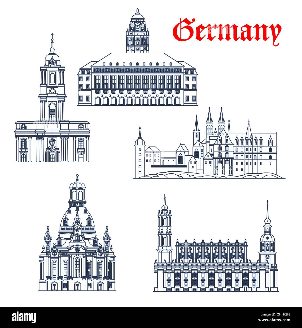 Allemagne, Dresde bâtiments vectoriels d'architecture, églises et cathédrales, sites touristiques.Dresden Frauenkirche ou Eglise notre-Dame, Sainte Trinité ca Illustration de Vecteur