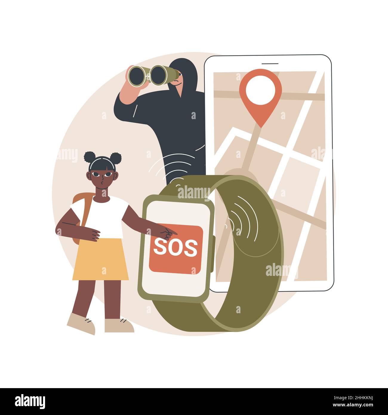 Illustration du vecteur de concept abstrait du bouton d'urgence personnel.Bouton GPS SOS intégré, solution de sécurité personnelle, appareil portable, soin de vos enfants et métaphore abstraite de la vie des aînés. Illustration de Vecteur