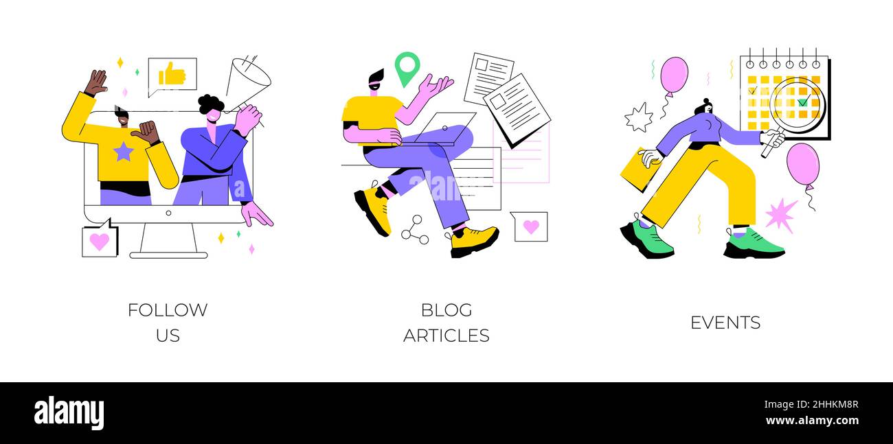 Ensemble d'illustrations vectorielles de concept abstraites de liens de site Web d'entreprise.Suivez-nous, articles de blog, événements, médias sociaux, s'abonner à la newsletter,publications, page d'entreprise, métaphore de l'abrégé de notification. Illustration de Vecteur