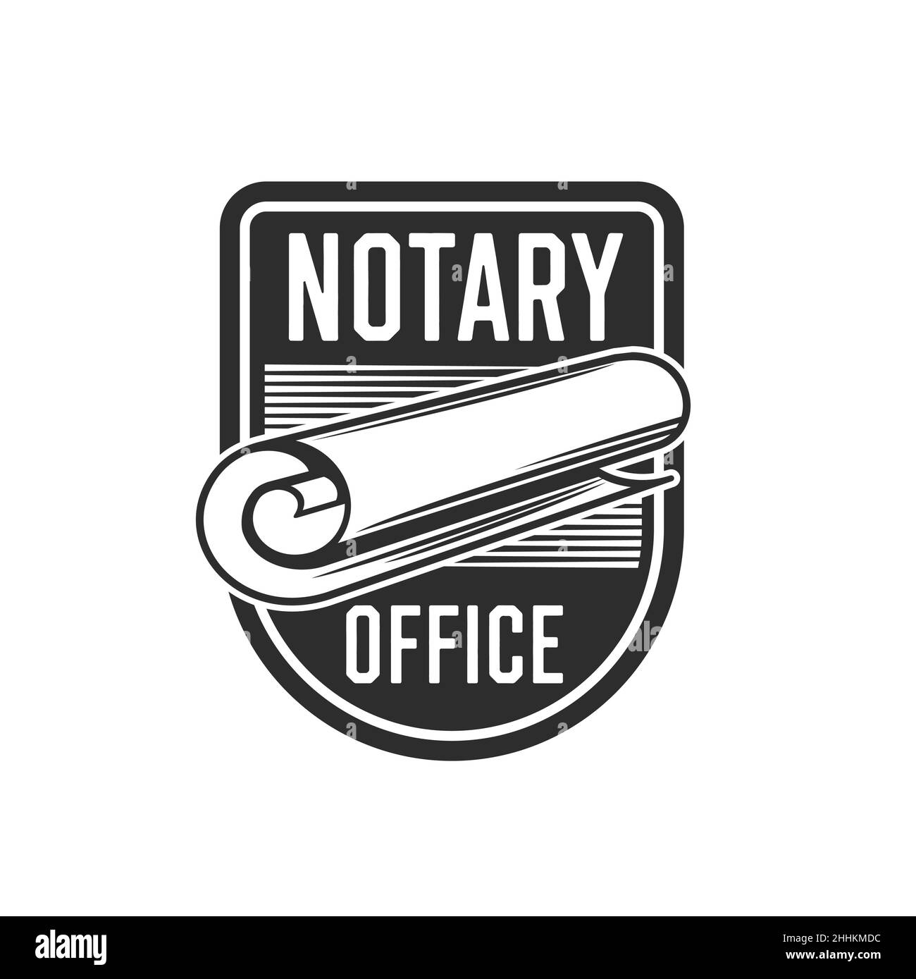 Icône de bureau de notaire avec défilement de document.Timbre du cabinet de notaire, panneau de bureau d'avocat monochrome vectoriel, badge de justice et de droit avec DESCRIPTION Illustration de Vecteur