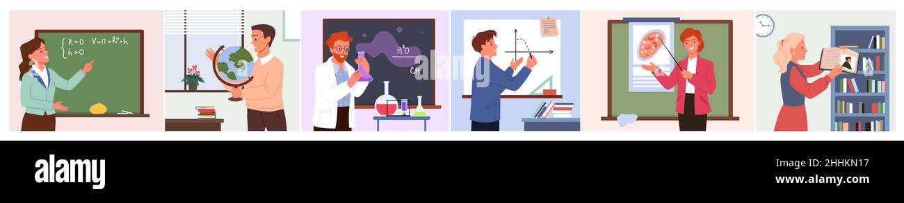 Cours à l'école avec enseignant en salle de classe, enseignant féminin, enseignant masculin ou professeur Illustration de Vecteur