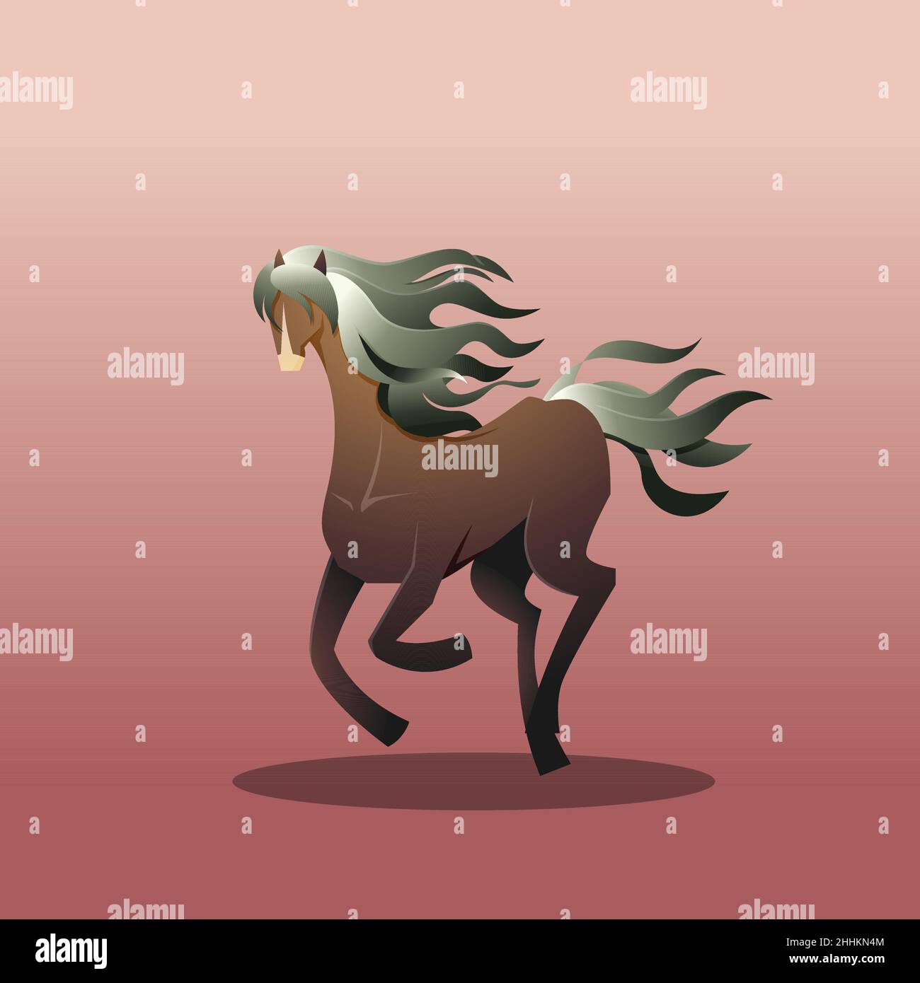 Magnifique Brown Horse long Hair Mare Run Elegance Fantasy Cartoon Illustration de Vecteur
