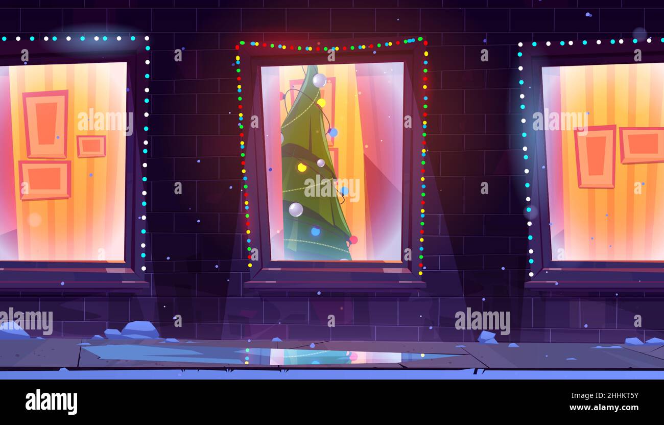 Façade de la maison avec fenêtres et arbre de Noël à l'intérieur.Illustration vectorielle de l'extérieur du bâtiment résidentiel, de la neige, des guirlandes de vacances sur un mur de briques et de sapin de Noël à la maison Illustration de Vecteur