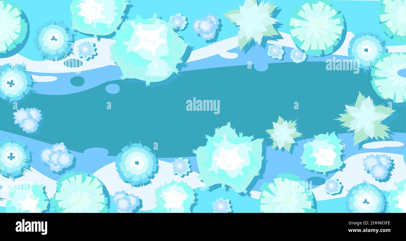 Paysage d'hiver vue de dessus.Lac de glace.Neige nature givrée en saison froide.De haut.Dérives de neige blanches et bleues.Illustration de style dessin animé à plat Illustration de Vecteur