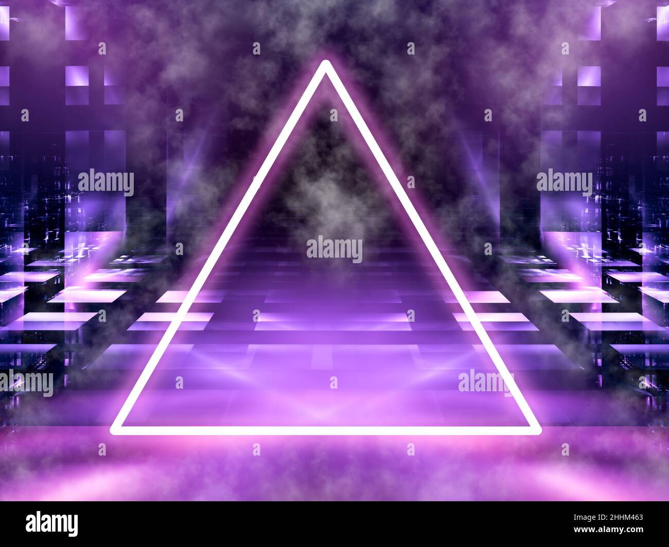 Triangle lumineux au néon, brouillard et murs lumineux - illustration abstraite 3D Banque D'Images